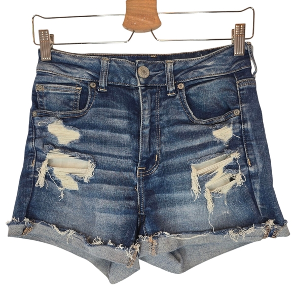 AMERICAN EAGLE Hi-Rise Shortie Distressed‎ Denim Jean Shorts Women 6 Blue Cuffed - Picture 1 of 10